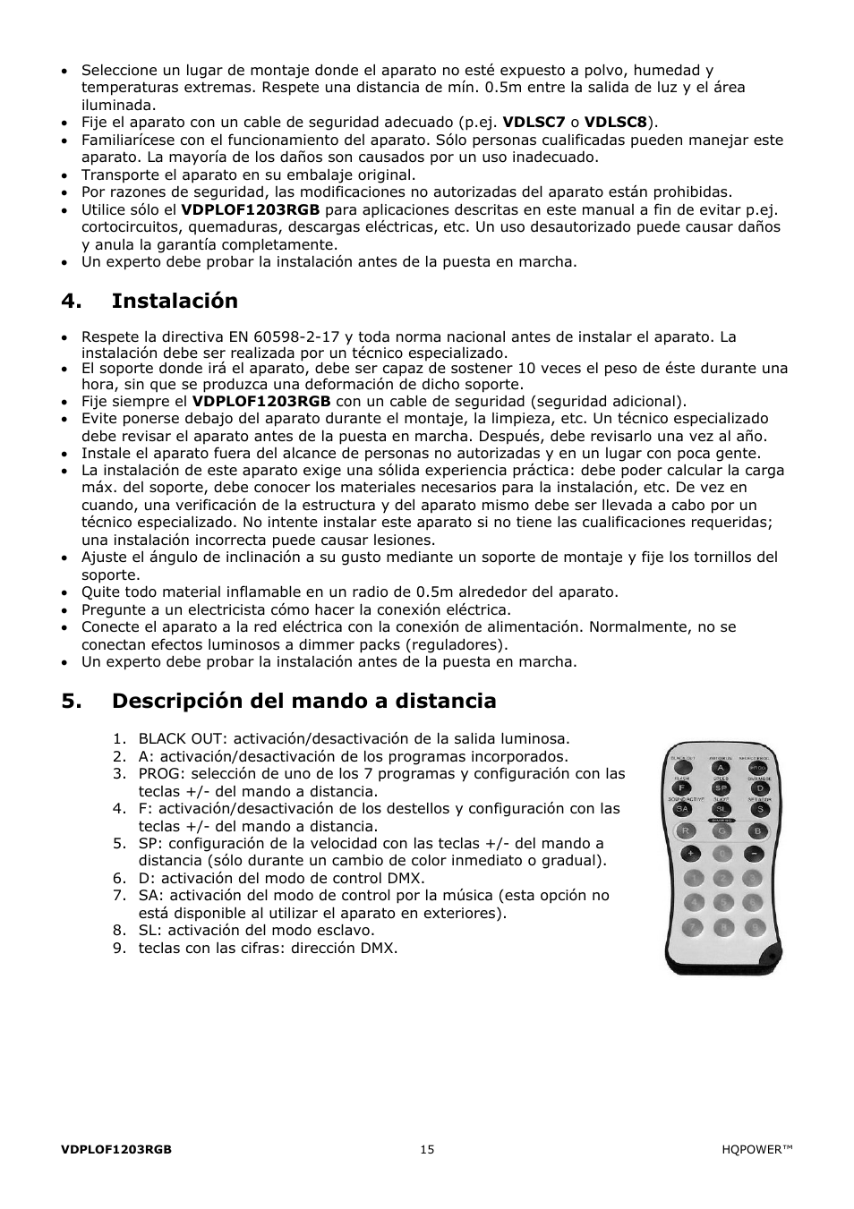 Instalación, Descripción del mando a distancia | Velleman VDPLOF1203RGB User Manual | Page 15 / 23