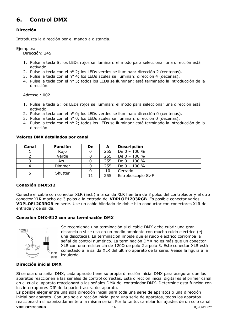 Control dmx | Velleman VDPLOF1203RGB User Manual | Page 16 / 23
