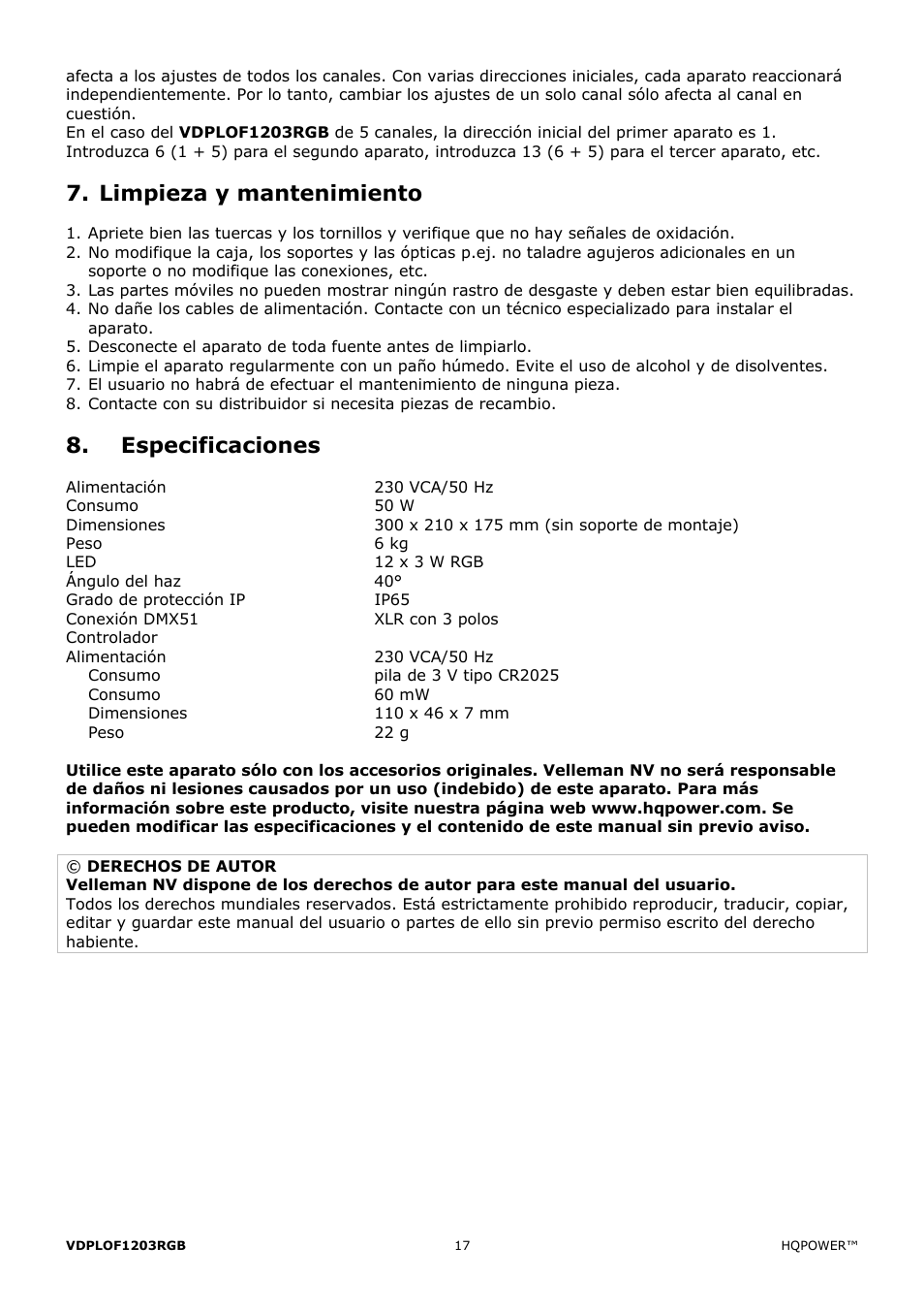 Limpieza y mantenimiento, Especificaciones | Velleman VDPLOF1203RGB User Manual | Page 17 / 23