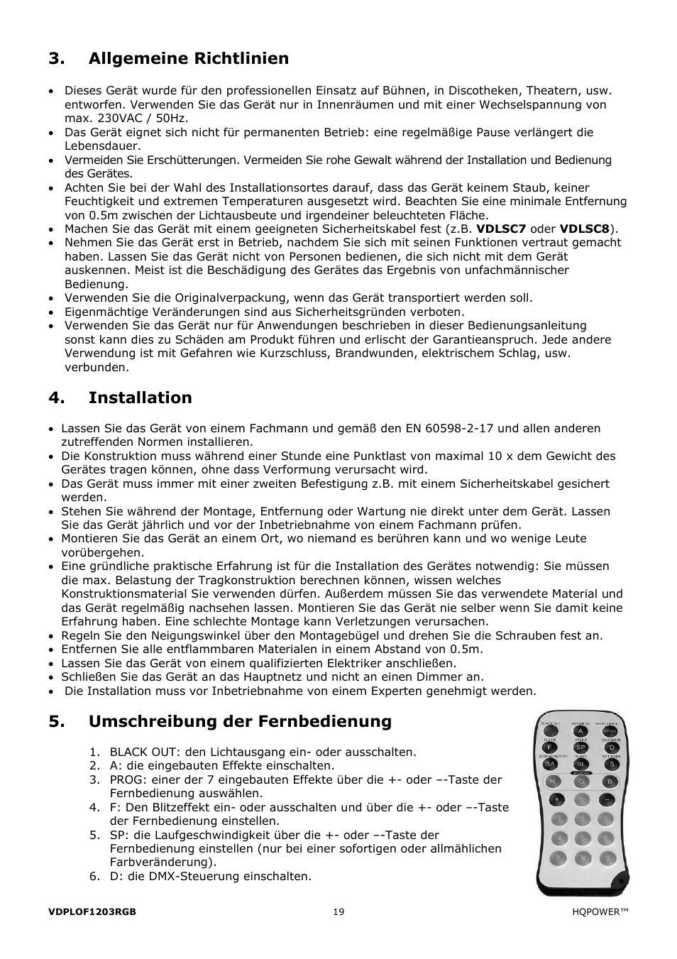 Allgemeine richtlinien, Installation, Umschreibung der fernbedienung | Velleman VDPLOF1203RGB User Manual | Page 19 / 23