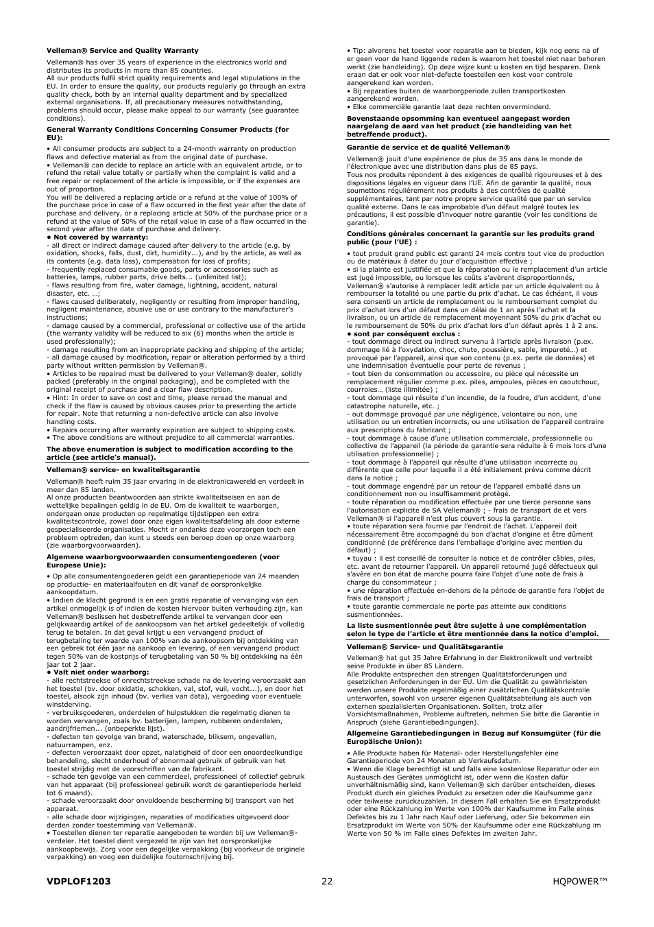 Velleman VDPLOF1203RGB User Manual | Page 22 / 23