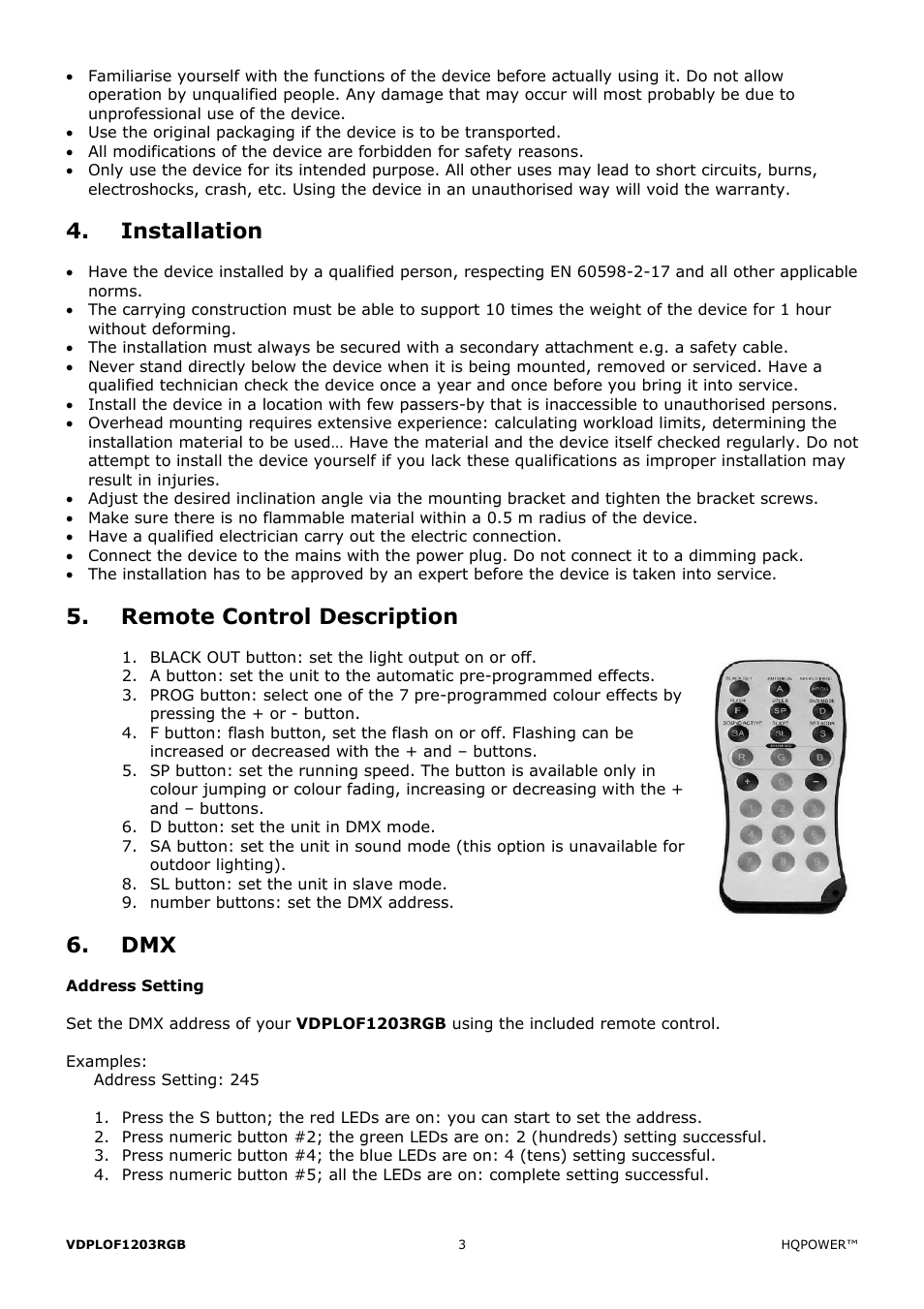 Installation, Remote control description | Velleman VDPLOF1203RGB User Manual | Page 3 / 23