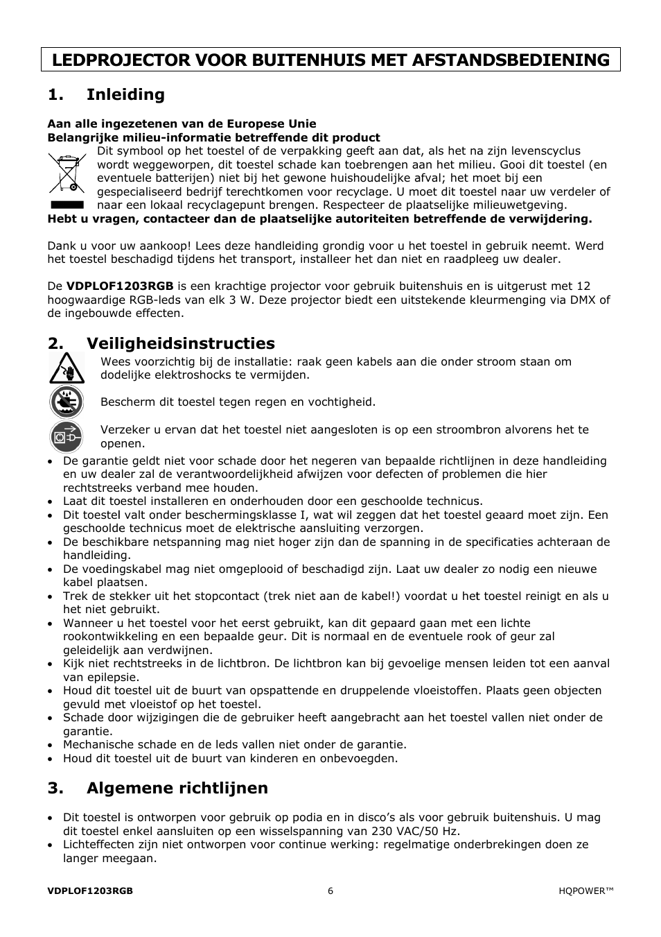 Ledpro, Ojecto, R voor | R buite, Enhuis, S met a, Afstan, Ndsbed, Dienin, Inle | Velleman VDPLOF1203RGB User Manual | Page 6 / 23