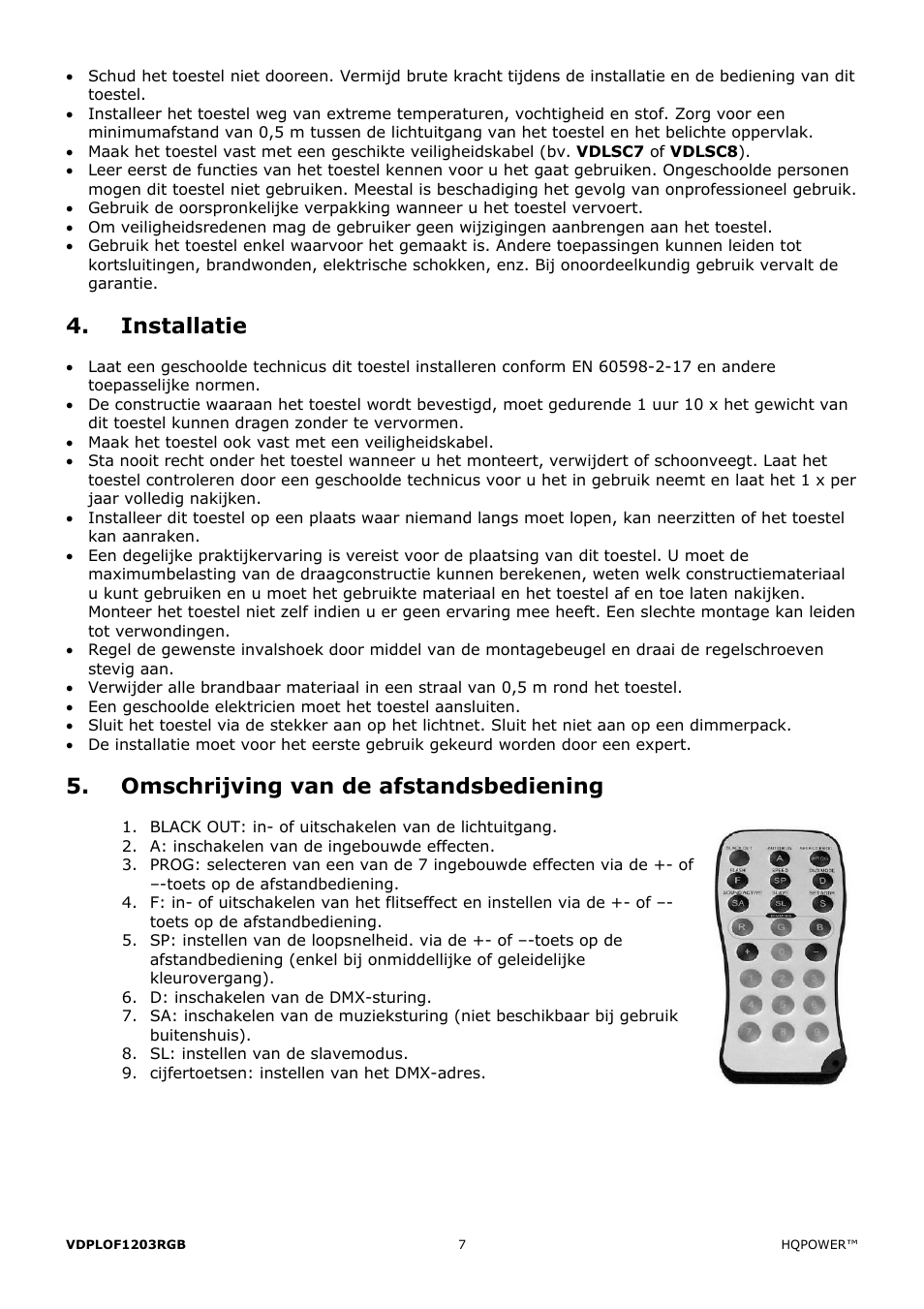 Installatie, Omschrijving van de afstandsbediening | Velleman VDPLOF1203RGB User Manual | Page 7 / 23