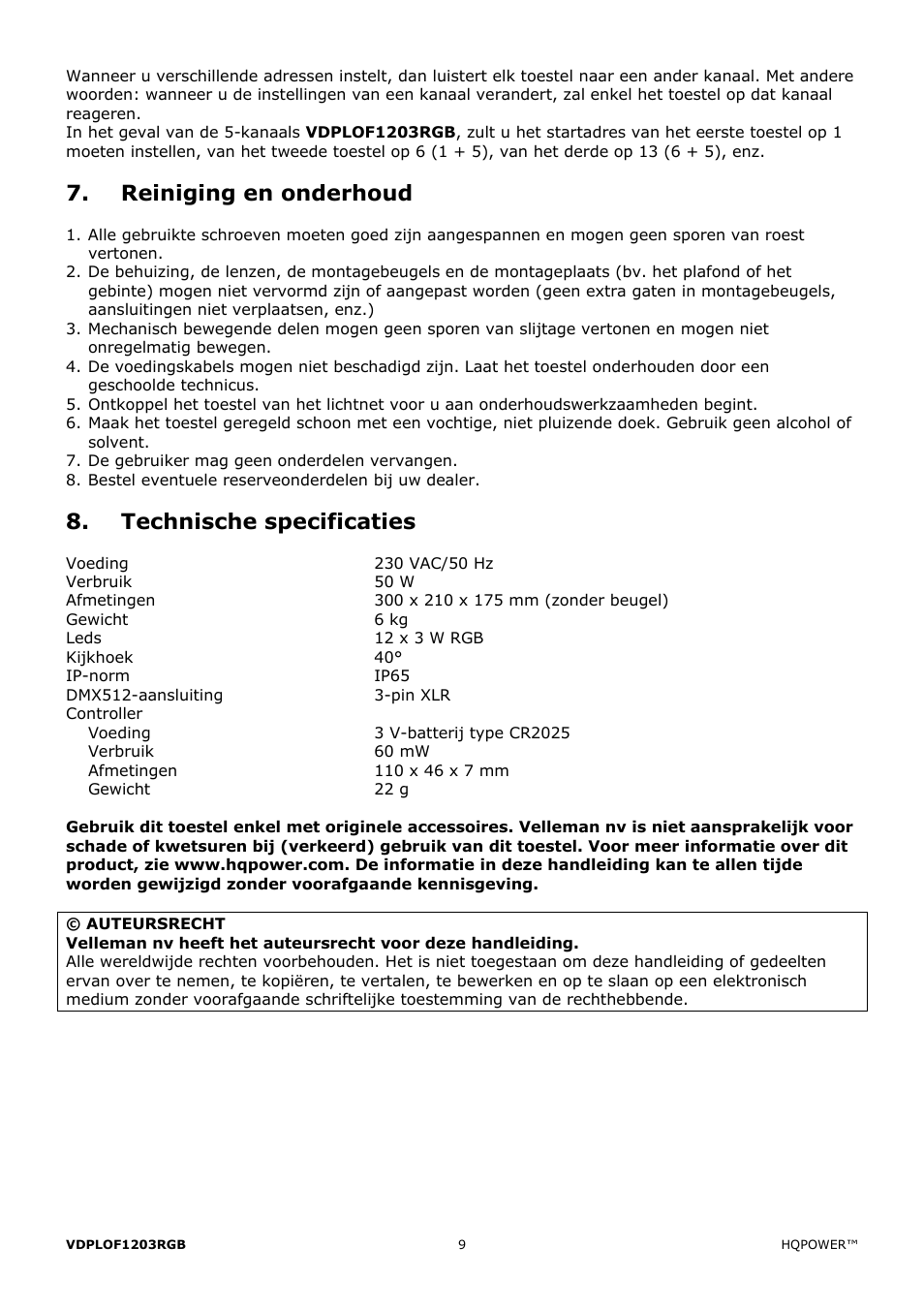 Reiniging en onderhoud, Technische specificaties | Velleman VDPLOF1203RGB User Manual | Page 9 / 23