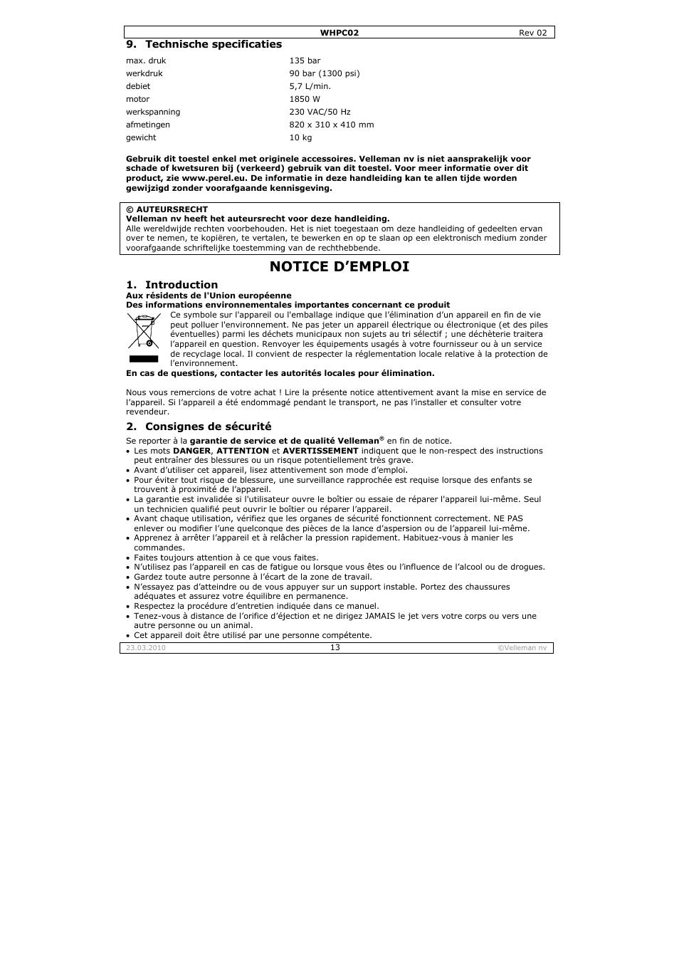 Otice d, Emploi | Velleman WHPC02 User Manual | Page 13 / 37