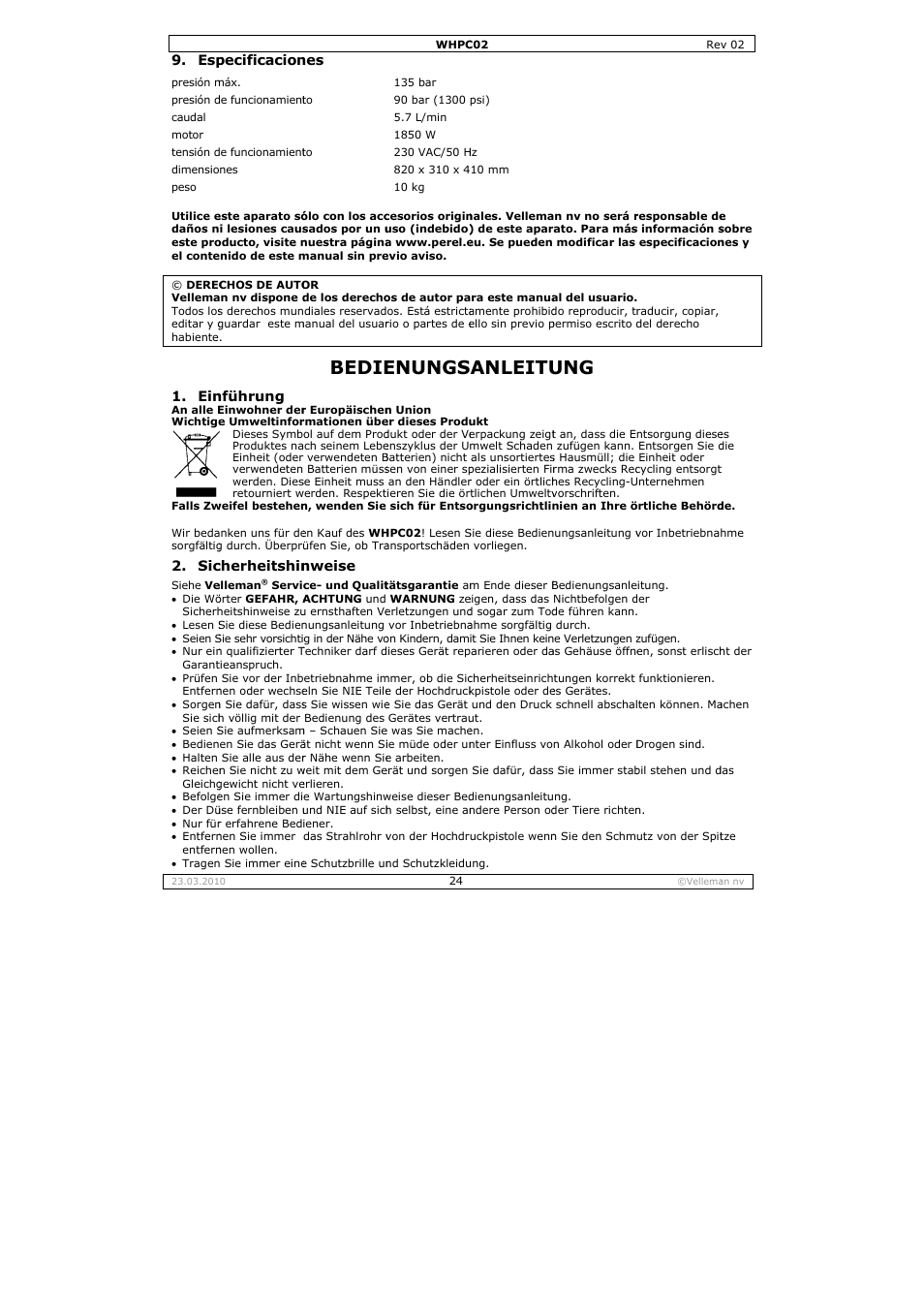Bedie, Enungs, Anleitu | Velleman WHPC02 User Manual | Page 24 / 37
