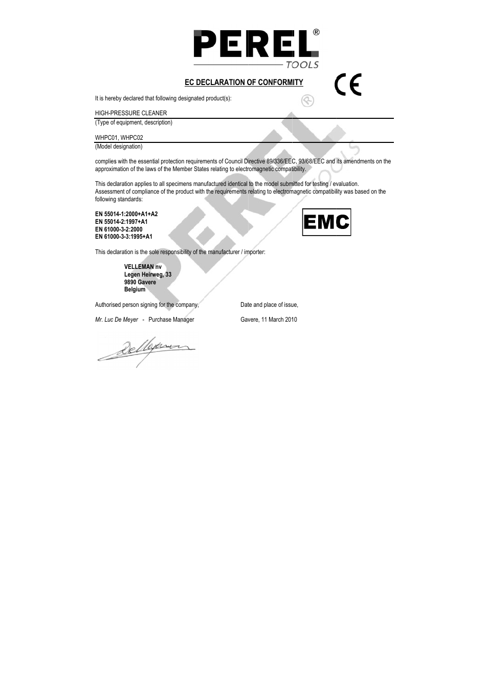 Ec de, Eclaration o, Of conform | Velleman WHPC02 User Manual | Page 36 / 37