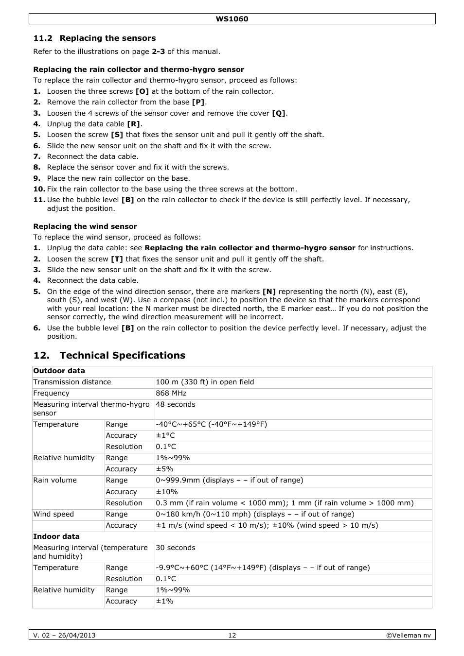 2 replacing the sensors, Replacing the wind sensor, Technical specifications | Velleman WS1060 User Manual | Page 12 / 77