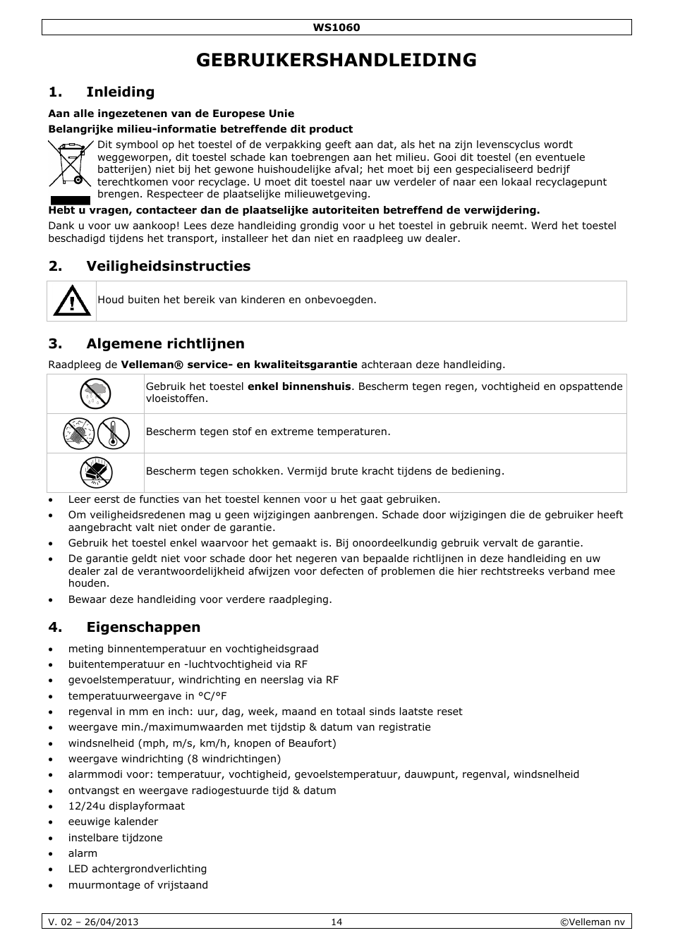 Gebruikershandleiding, Inleiding, Veiligheidsinstructies | Algemene richtlijnen, Eigenschappen | Velleman WS1060 User Manual | Page 14 / 77