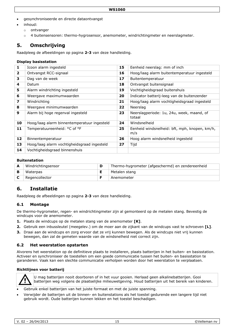 Omschrijving, Display basisstation, Buitenstation | Installatie, 1 montage, 2 het weerstation opstarten, Richtlijnen voor batterij | Velleman WS1060 User Manual | Page 15 / 77