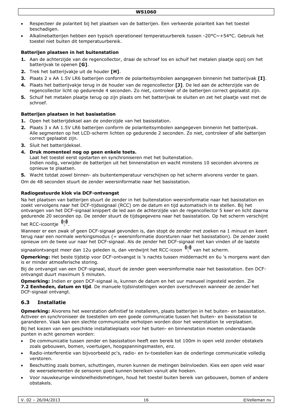 Batterijen plaatsen in het buitenstation, Batterijen plaatsen in het basisstation, Radiogestuurde klok via dcf-ontvangst | 3 installatie | Velleman WS1060 User Manual | Page 16 / 77