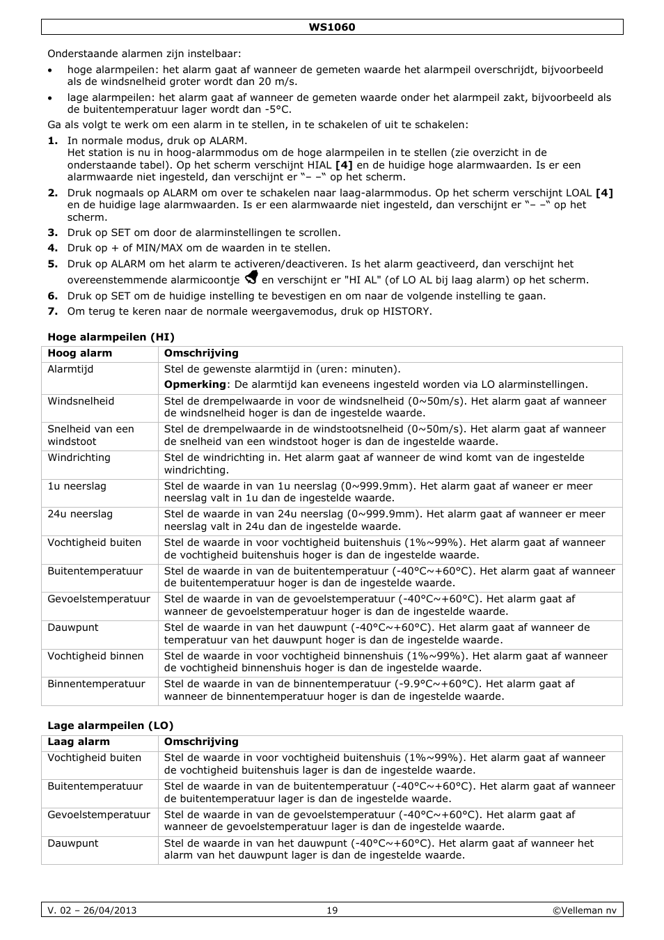 Hoge alarmpeilen (hi), Lage alarmpeilen (lo) | Velleman WS1060 User Manual | Page 19 / 77