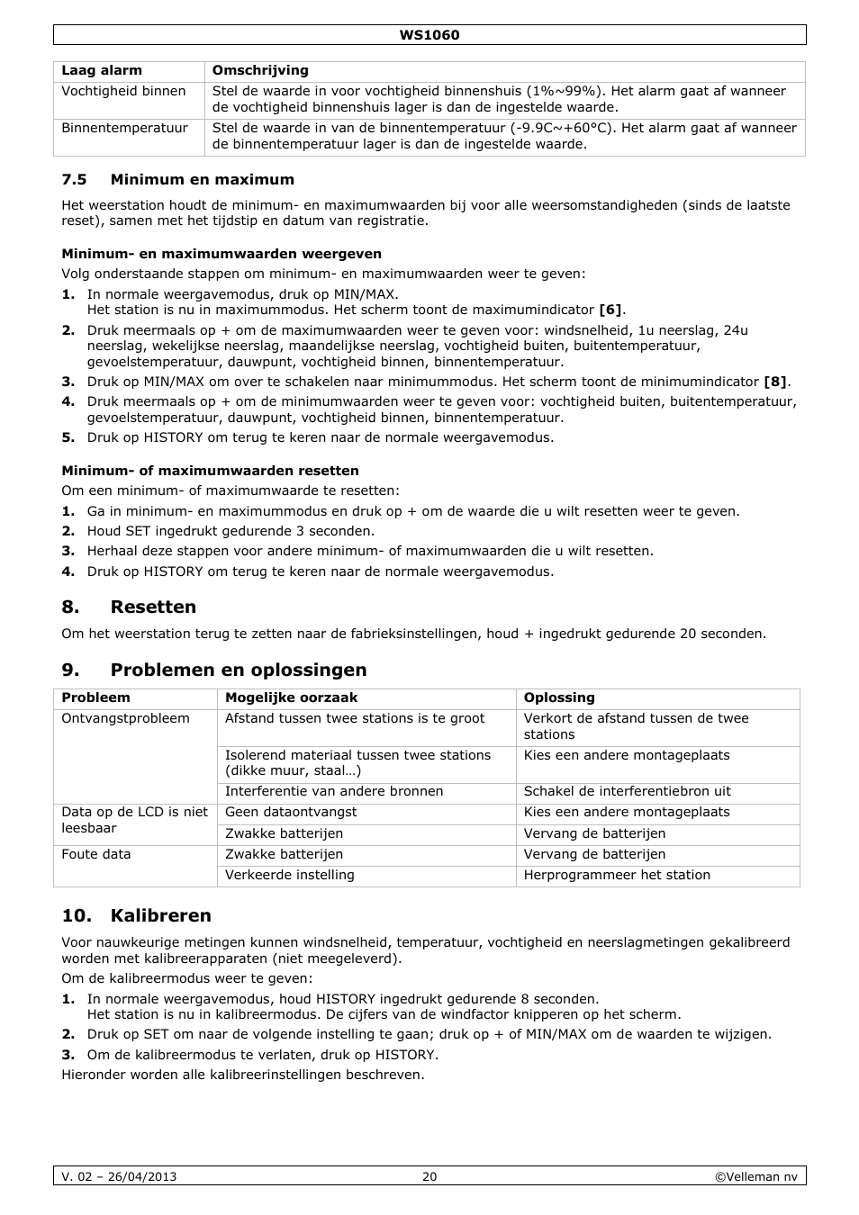 5 minimum en maximum, Minimum- en maximumwaarden weergeven, Minimum- of maximumwaarden resetten | Resetten, Problemen en oplossingen, Kalibreren | Velleman WS1060 User Manual | Page 20 / 77