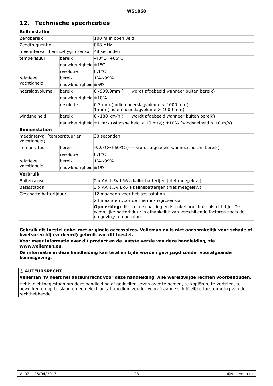 Technische specificaties | Velleman WS1060 User Manual | Page 23 / 77