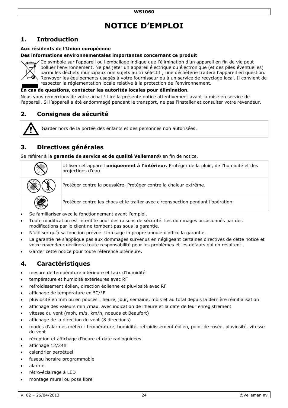 Notice d’emploi, Introduction, Consignes de sécurité | Directives générales, Caractéristiques | Velleman WS1060 User Manual | Page 24 / 77