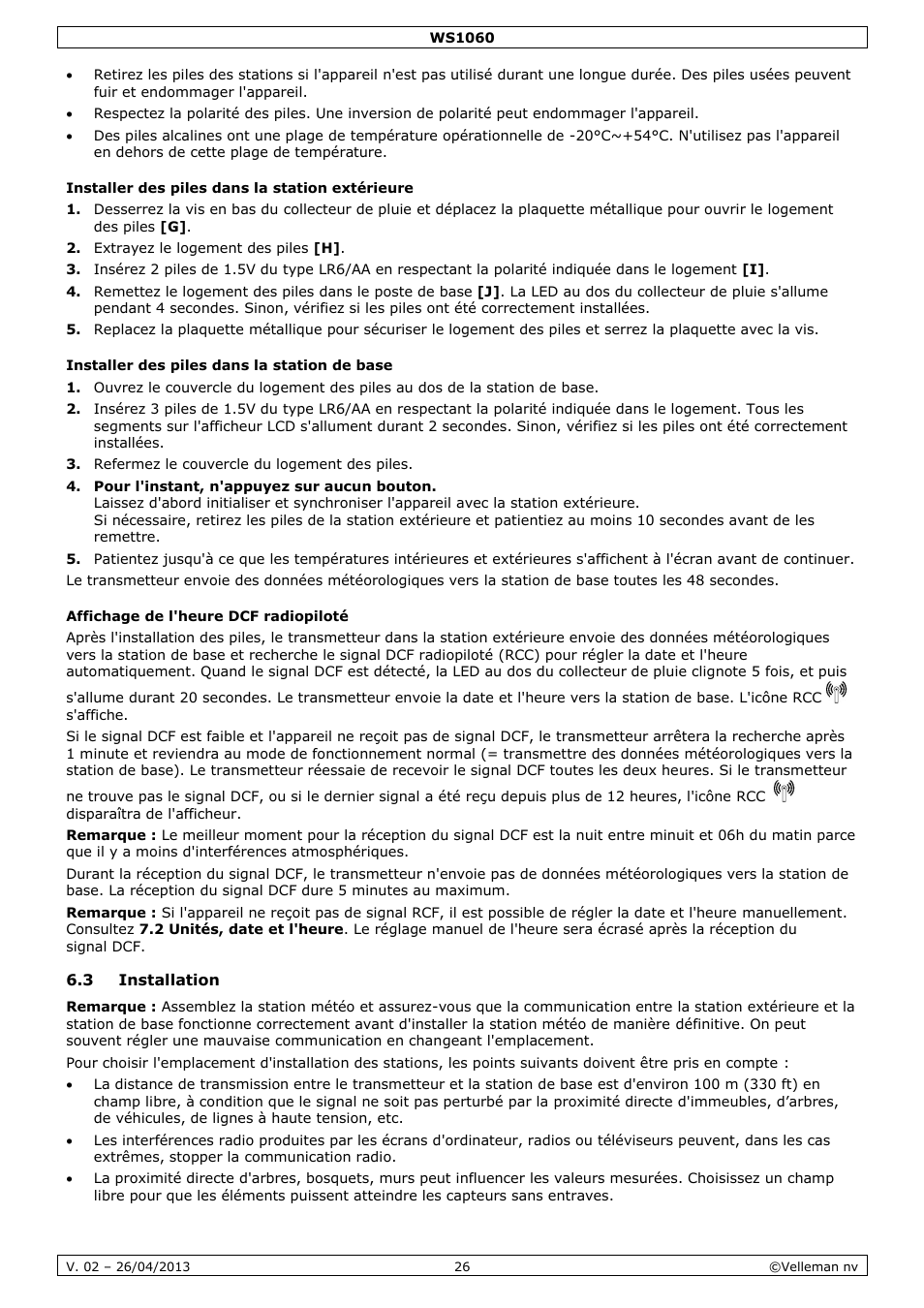 Installer des piles dans la station extérieure, Installer des piles dans la station de base, Affichage de l'heure dcf radiopiloté | 3 installation | Velleman WS1060 User Manual | Page 26 / 77