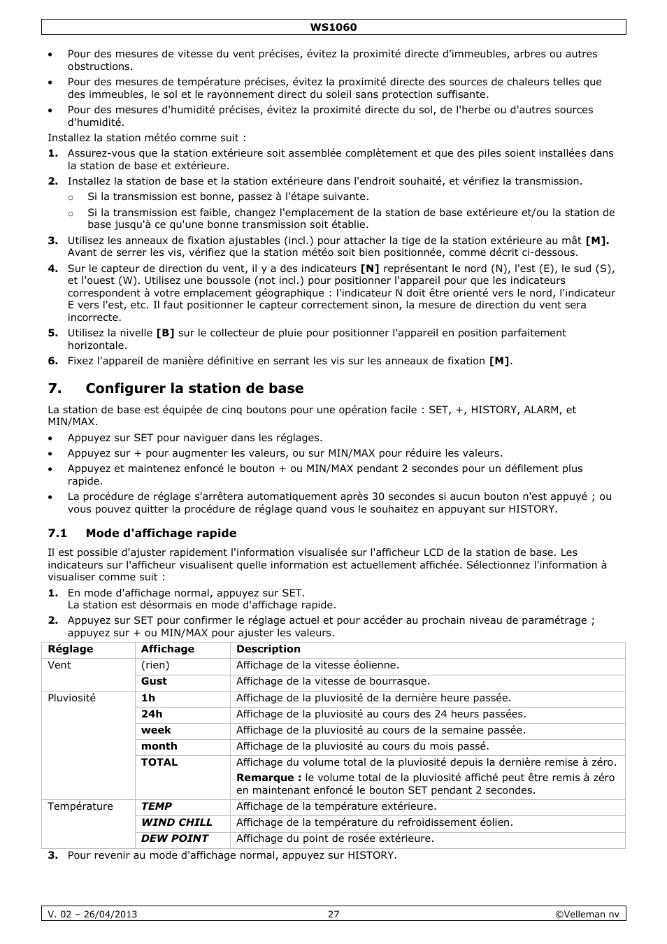 Configurer la station de base, 1 mode d'affichage rapide | Velleman WS1060 User Manual | Page 27 / 77