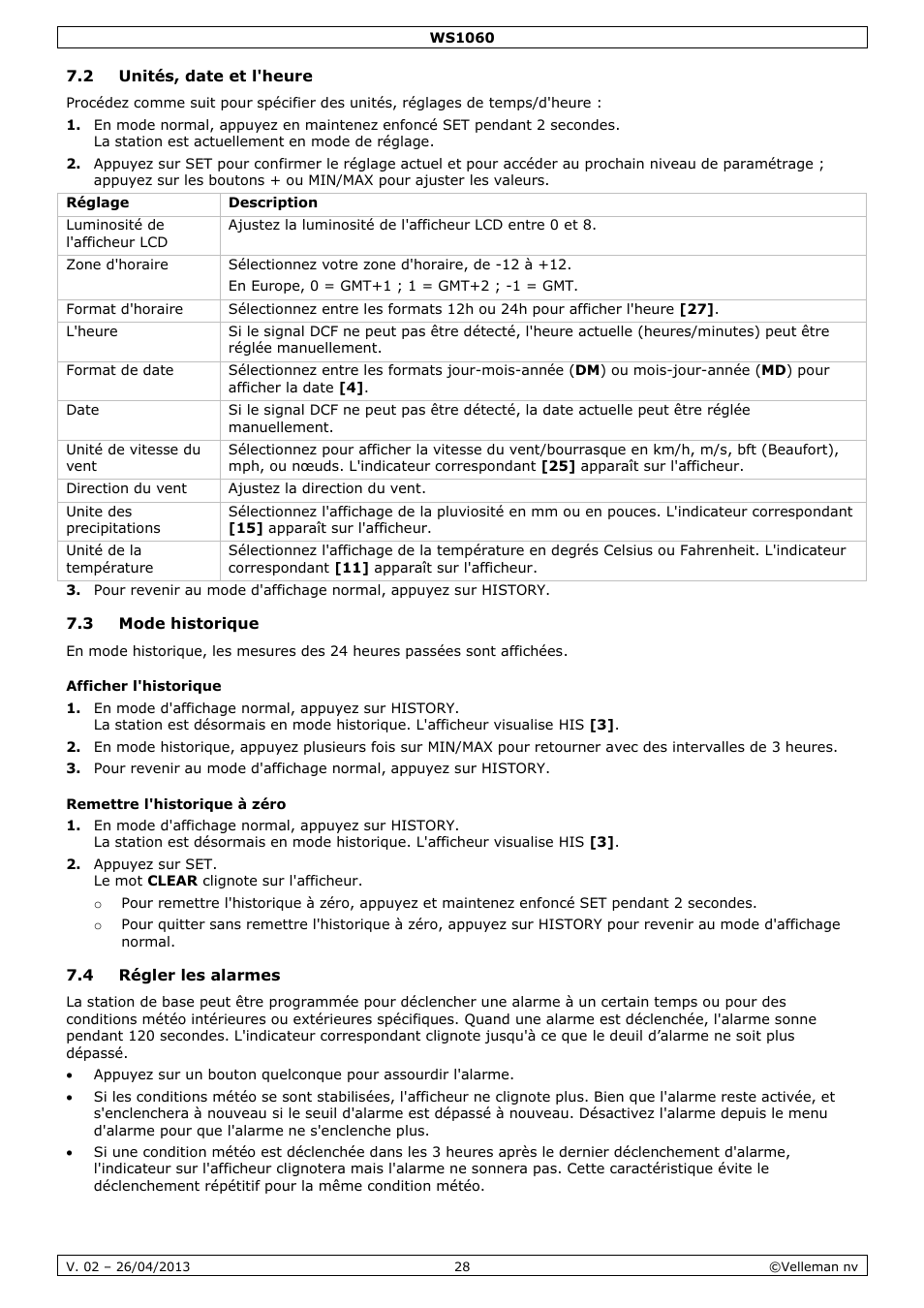 2 unités, date et l'heure, 3 mode historique, Afficher l'historique | Remettre l'historique à zéro, 4 régler les alarmes | Velleman WS1060 User Manual | Page 28 / 77