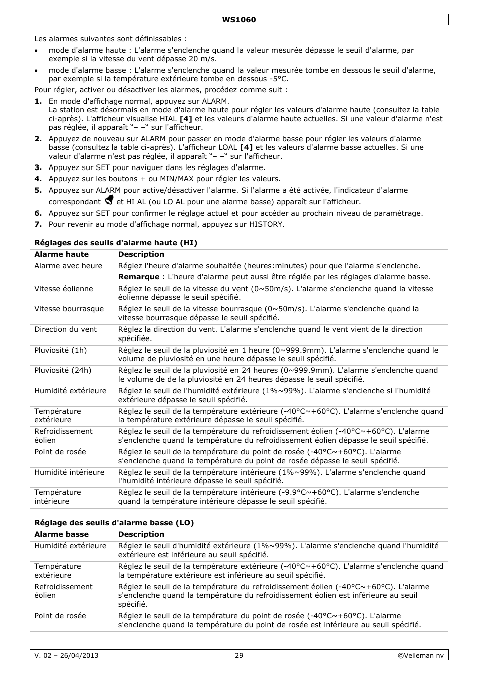 Réglages des seuils d'alarme haute (hi), Réglage des seuils d'alarme basse (lo) | Velleman WS1060 User Manual | Page 29 / 77