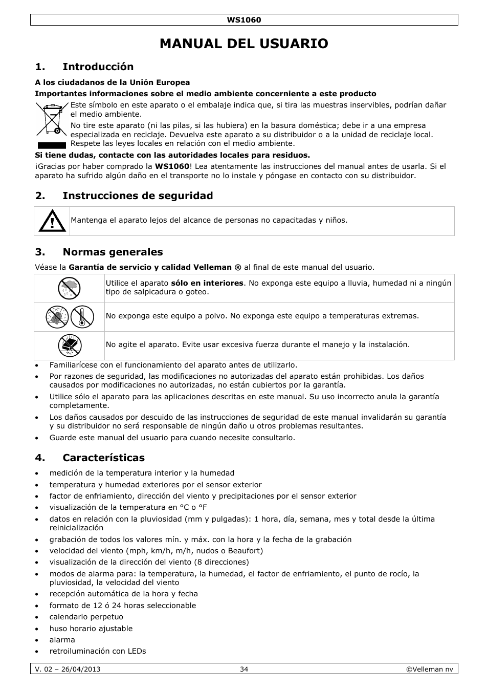 Manual del usuario, Introducción, Instrucciones de seguridad | Normas generales, Características | Velleman WS1060 User Manual | Page 34 / 77