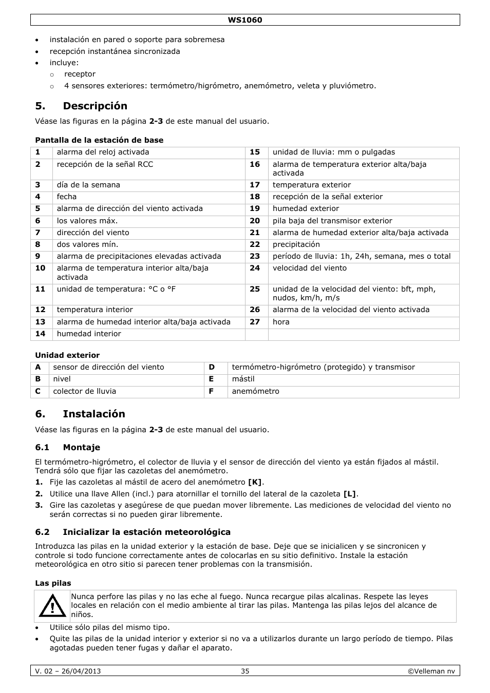 Descripción, Pantalla de la estación de base, Unidad exterior | Instalación, 1 montaje, 2 inicializar la estación meteorológica, Las pilas | Velleman WS1060 User Manual | Page 35 / 77