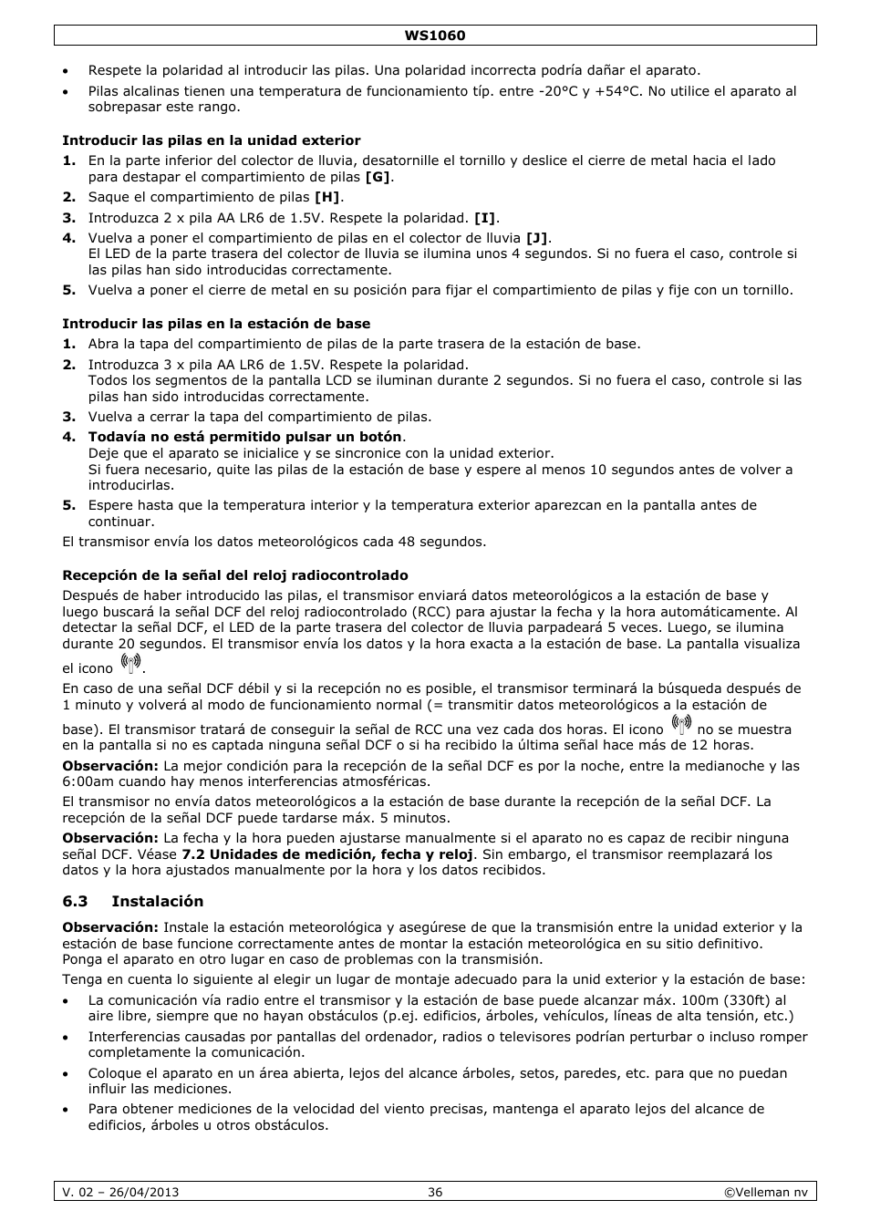 Introducir las pilas en la unidad exterior, Introducir las pilas en la estación de base, Recepción de la señal del reloj radiocontrolado | 3 instalación | Velleman WS1060 User Manual | Page 36 / 77