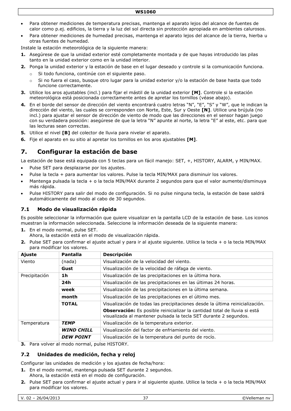 Configurar la estación de base, 1 modo de visualización rápida, 2 unidades de medición, fecha y reloj | Velleman WS1060 User Manual | Page 37 / 77