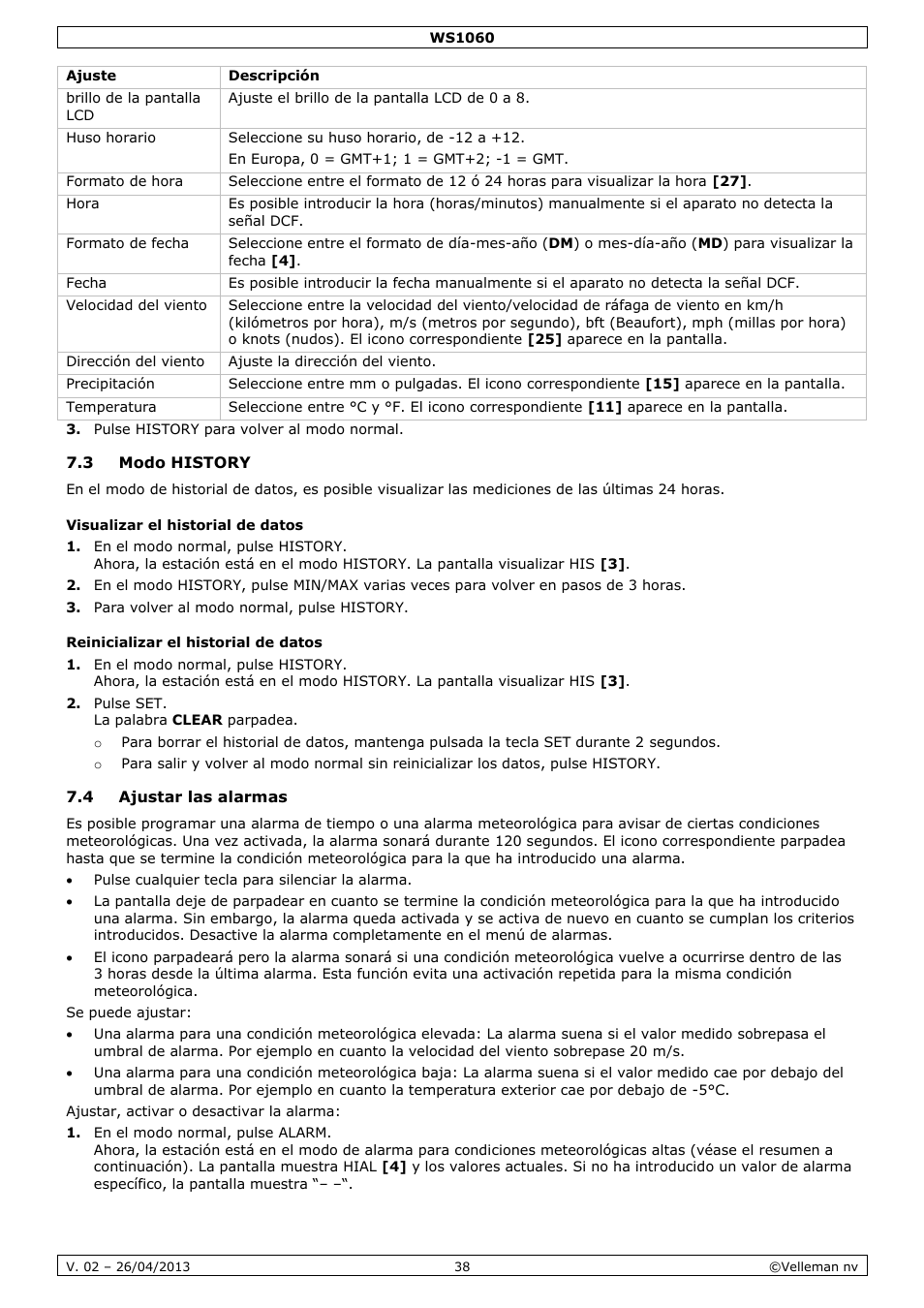3 modo history, Visualizar el historial de datos, Reinicializar el historial de datos | 4 ajustar las alarmas | Velleman WS1060 User Manual | Page 38 / 77