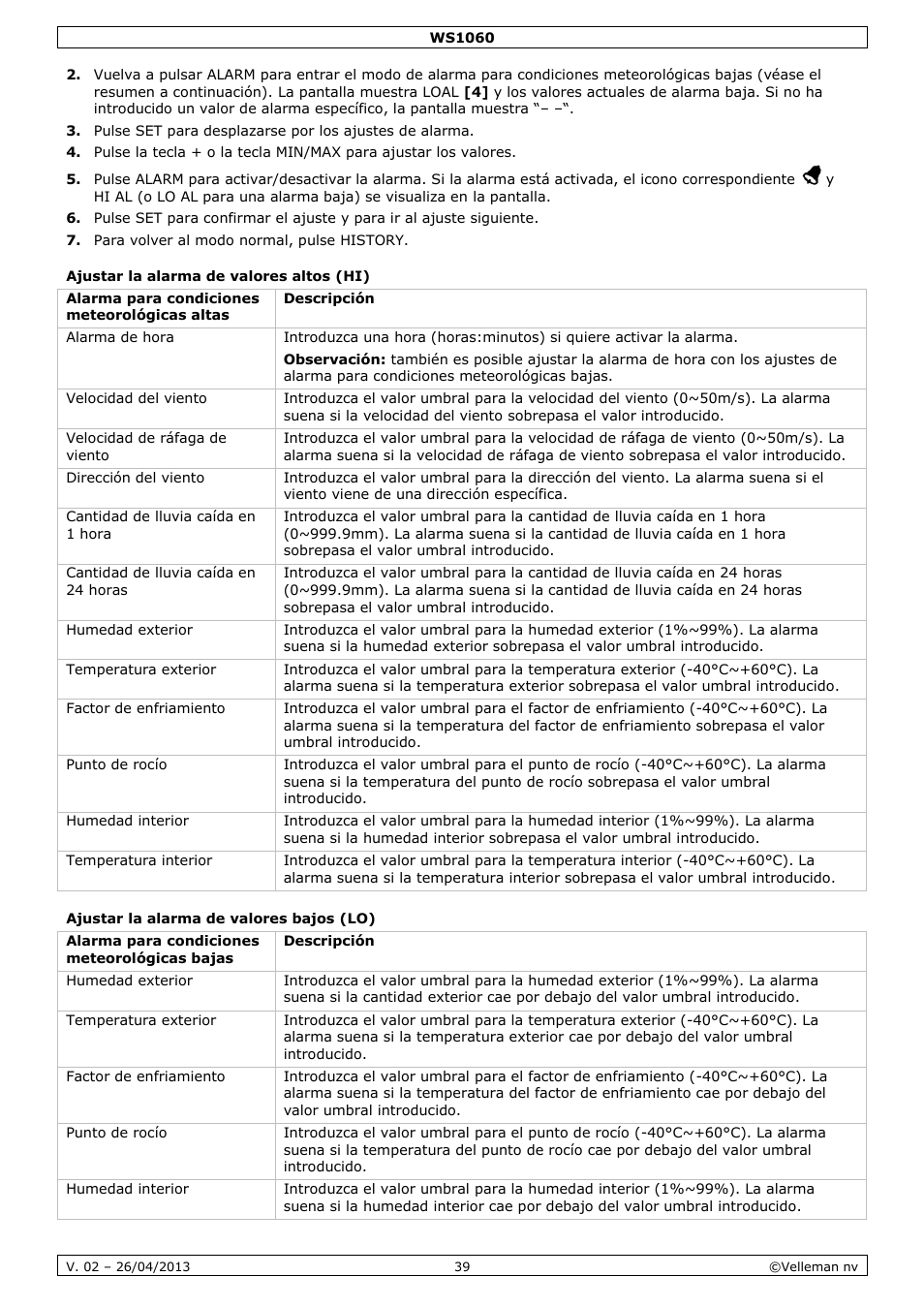 Ajustar la alarma de valores altos (hi), Ajustar la alarma de valores bajos (lo) | Velleman WS1060 User Manual | Page 39 / 77