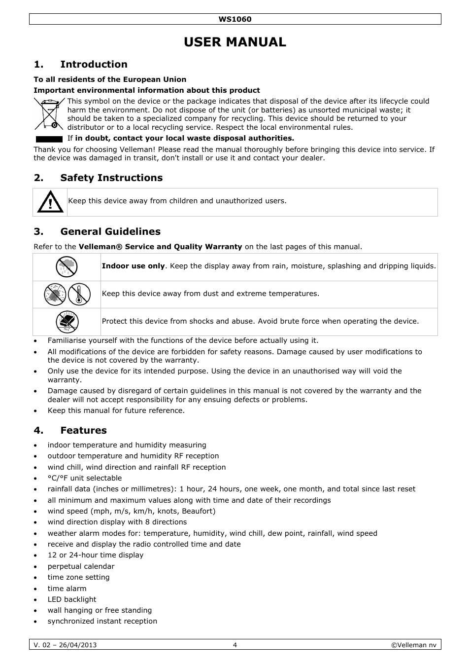 User manual, Introduction, Safety instructions | General guidelines, Features | Velleman WS1060 User Manual | Page 4 / 77