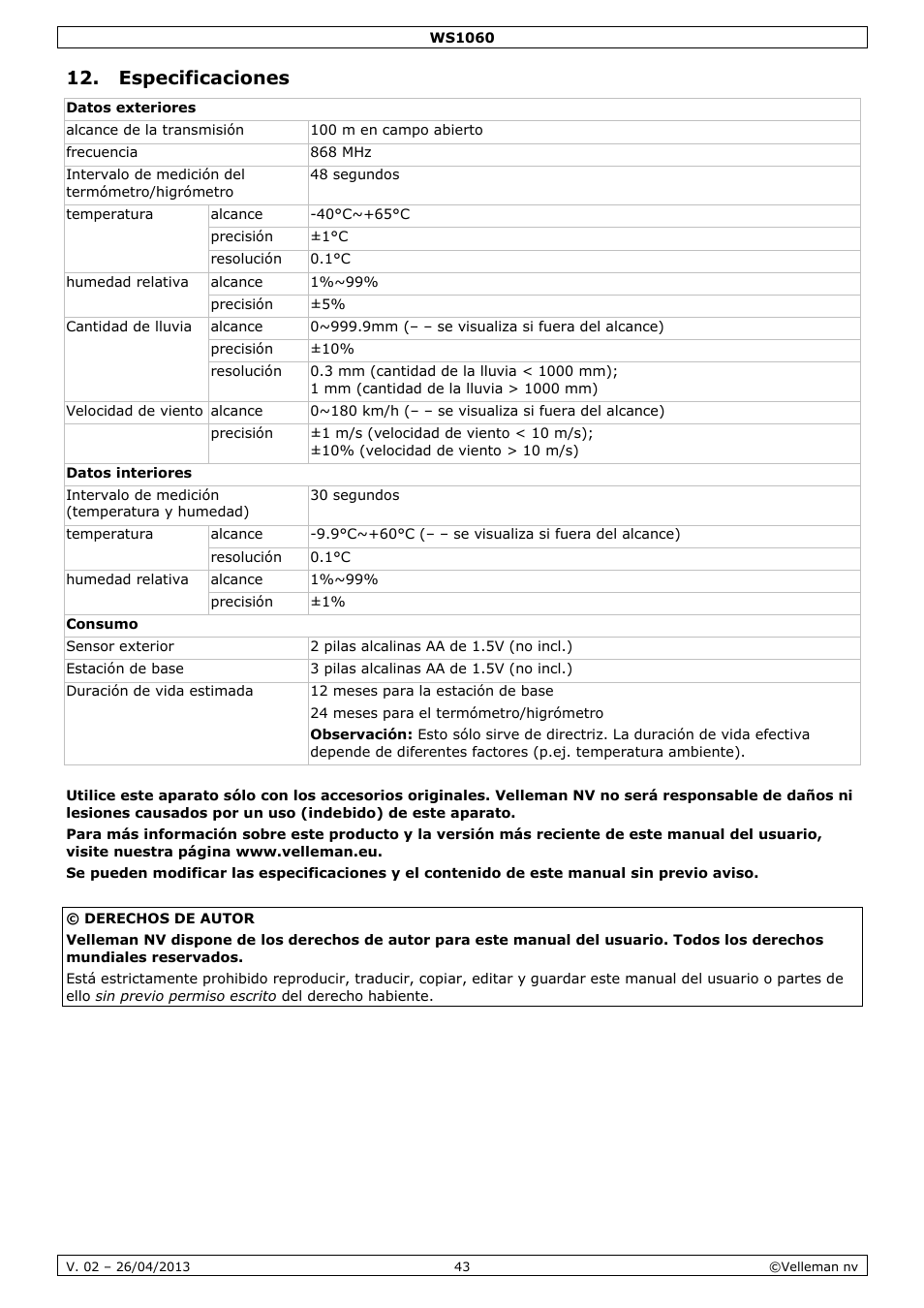 Especificaciones | Velleman WS1060 User Manual | Page 43 / 77