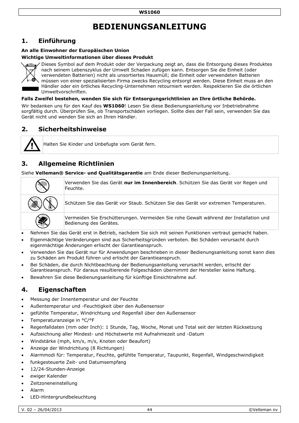 Bedienungsanleitung, Einführung, Sicherheitshinweise | Allgemeine richtlinien, Eigenschaften | Velleman WS1060 User Manual | Page 44 / 77