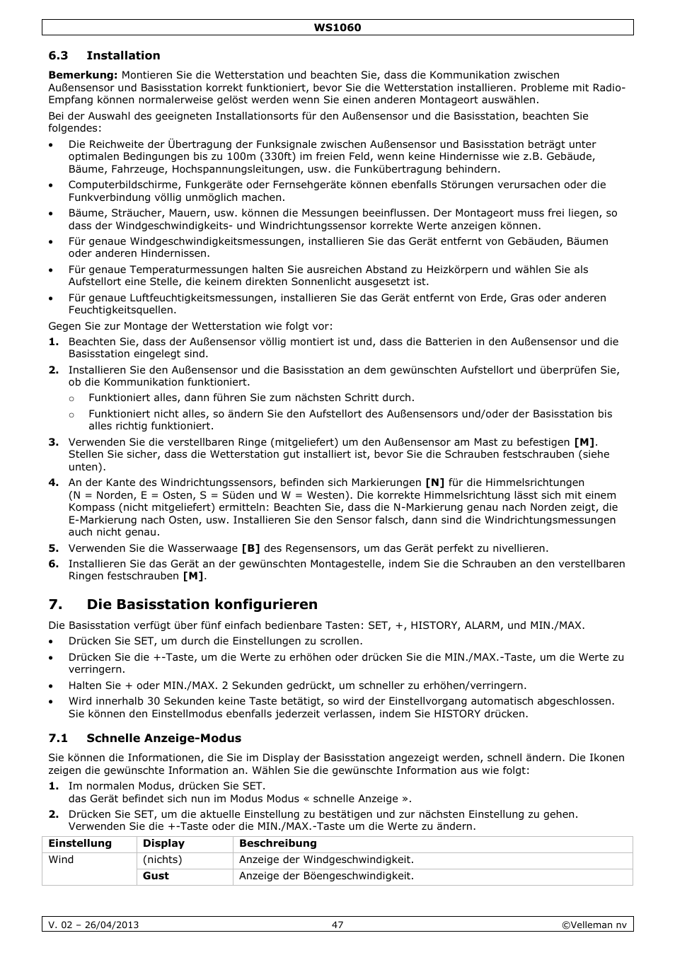 3 installation, Die basisstation konfigurieren, 1 schnelle anzeige-modus | Velleman WS1060 User Manual | Page 47 / 77