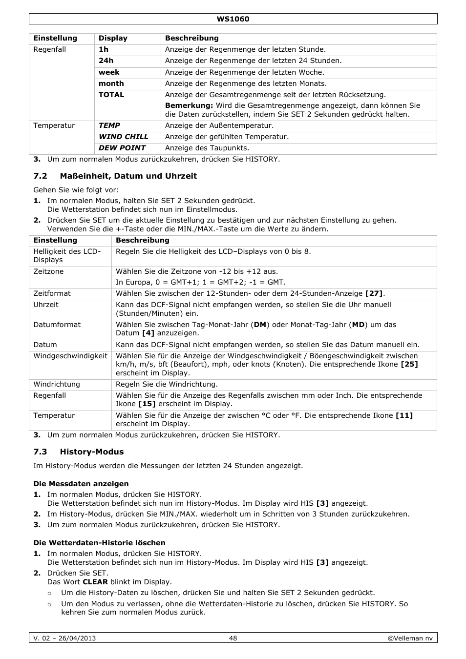 2 maßeinheit, datum und uhrzeit, 3 history-modus, Die messdaten anzeigen | Die wetterdaten-historie löschen | Velleman WS1060 User Manual | Page 48 / 77