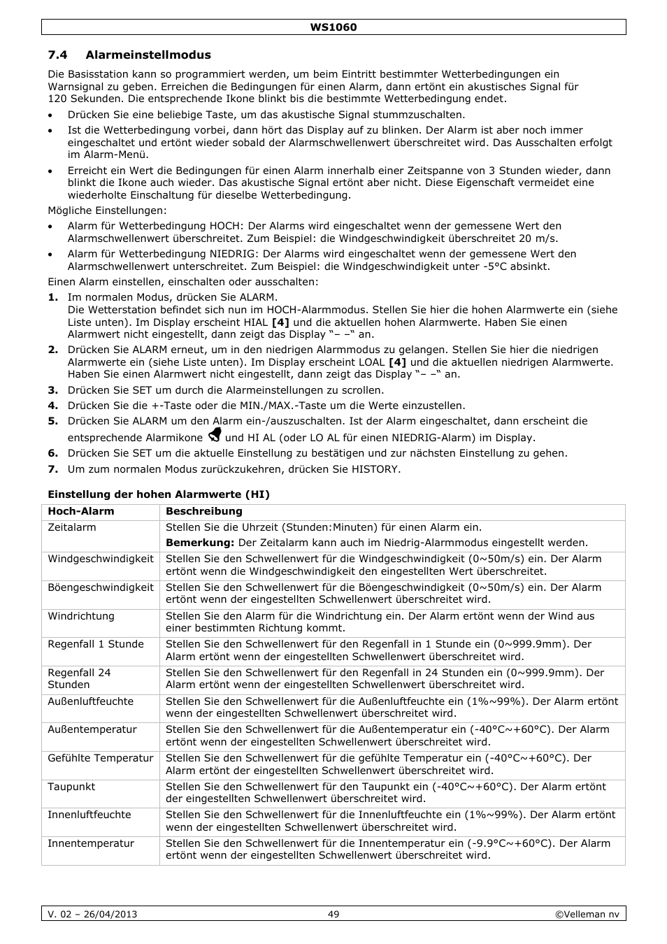 4 alarmeinstellmodus, Einstellung der hohen alarmwerte (hi) | Velleman WS1060 User Manual | Page 49 / 77