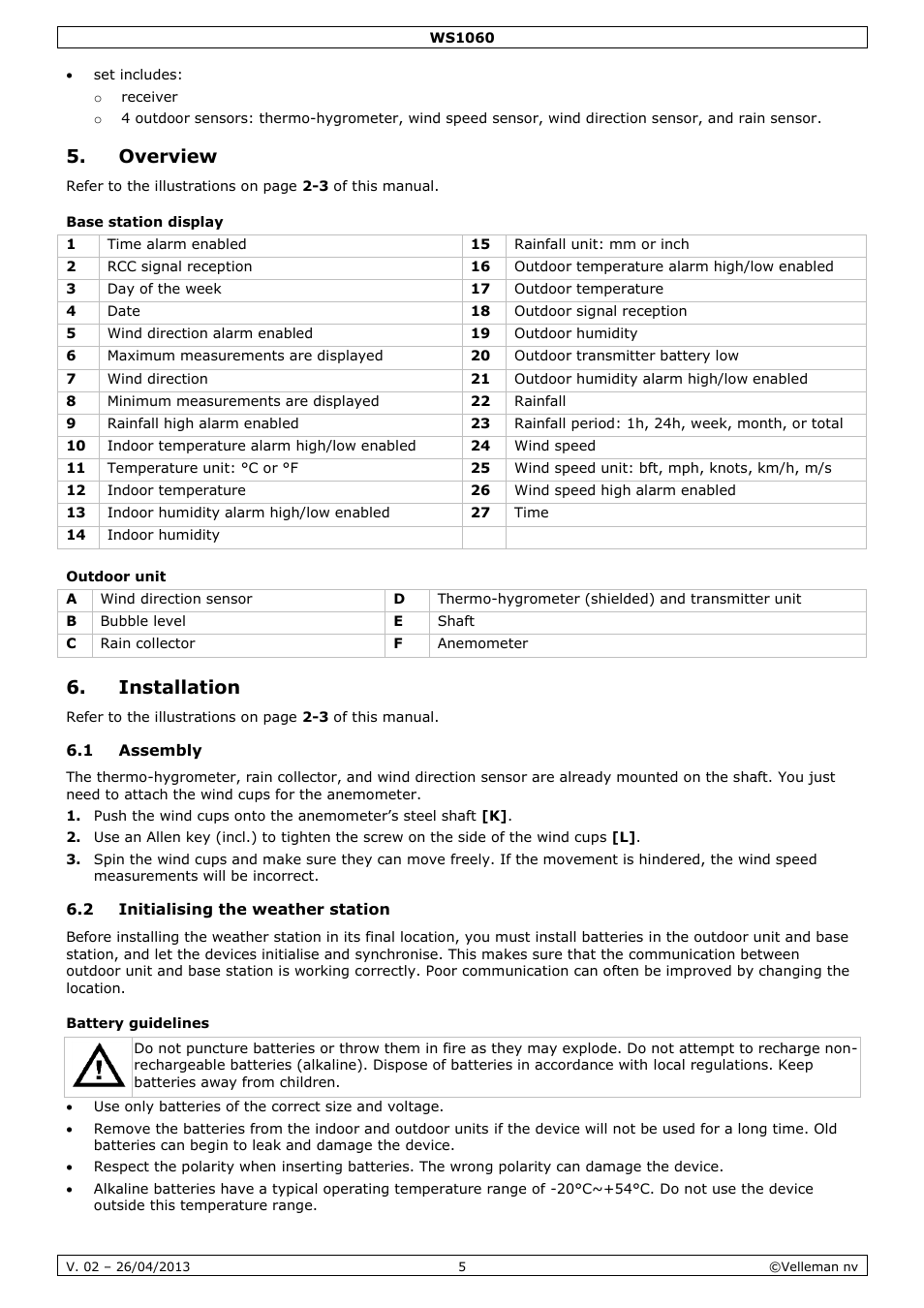 Overview, Base station display, Outdoor unit | Installation, 1 assembly, 2 initialising the weather station, Battery guidelines | Velleman WS1060 User Manual | Page 5 / 77