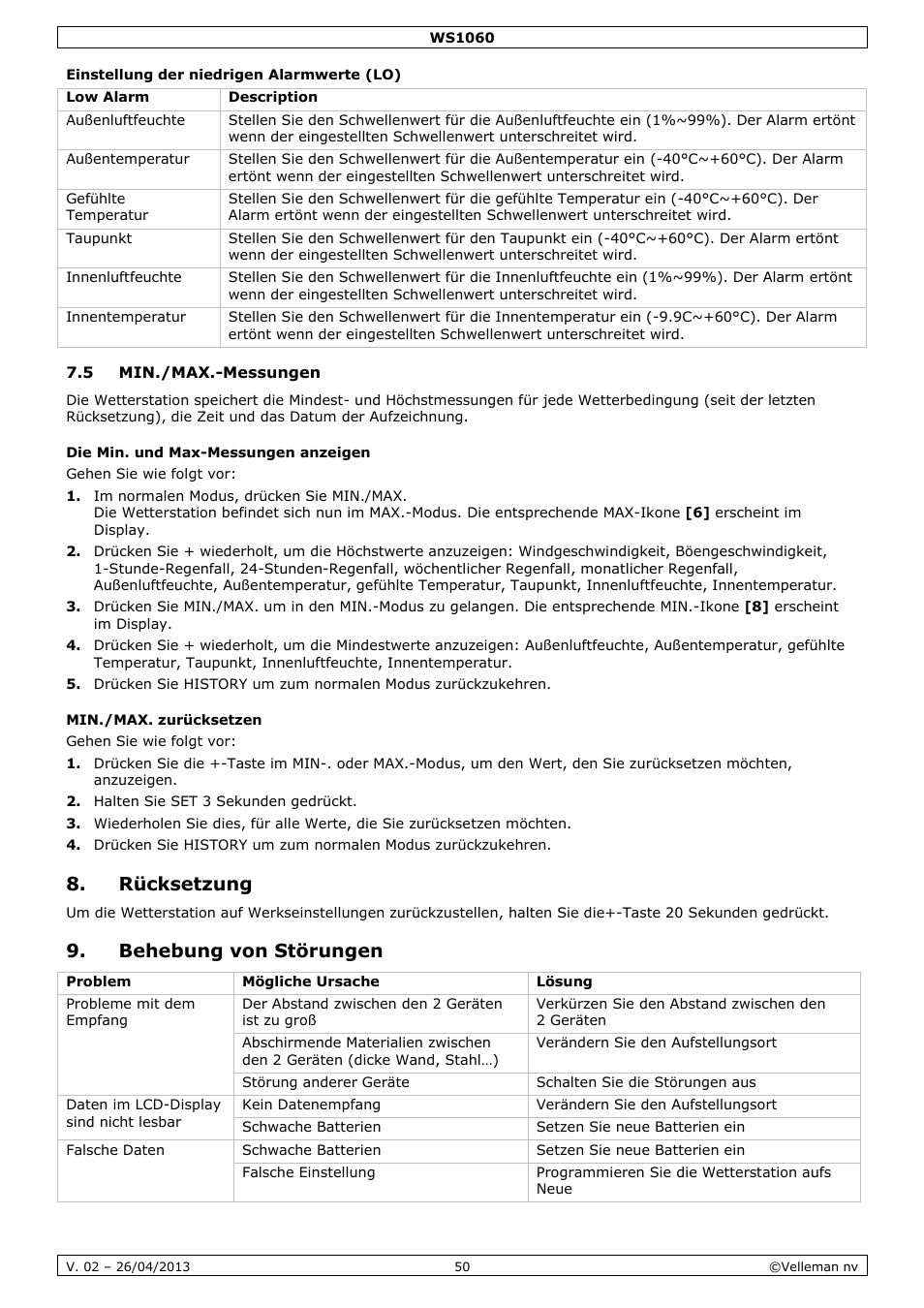 Einstellung der niedrigen alarmwerte (lo), 5 min./max.-messungen, Die min. und max-messungen anzeigen | Min./max. zurücksetzen, Rücksetzung, Behebung von störungen | Velleman WS1060 User Manual | Page 50 / 77