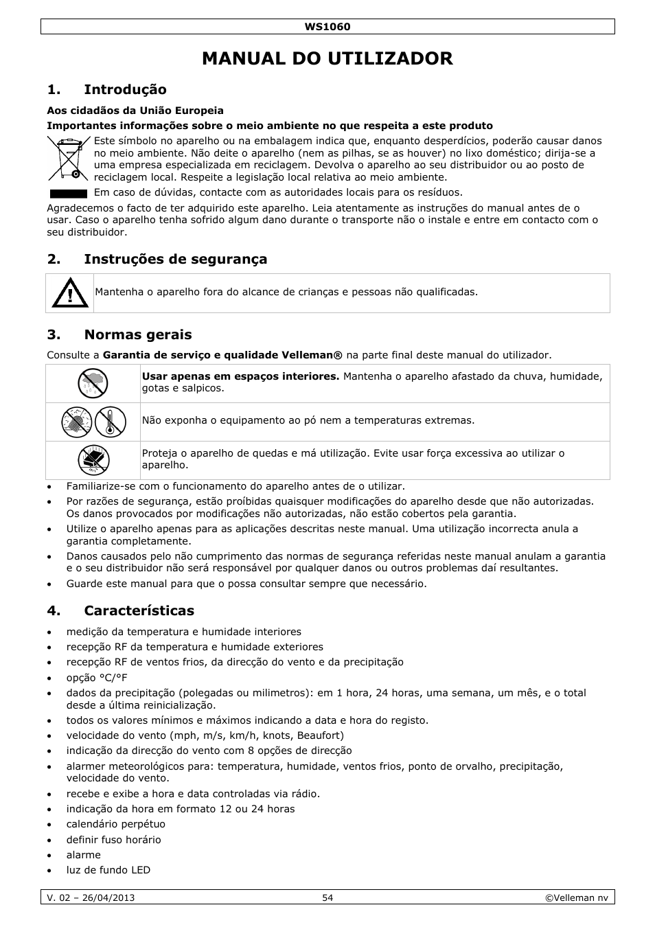 Manual do utilizador, Introdução, Instruções de segurança | Normas gerais, Características | Velleman WS1060 User Manual | Page 54 / 77