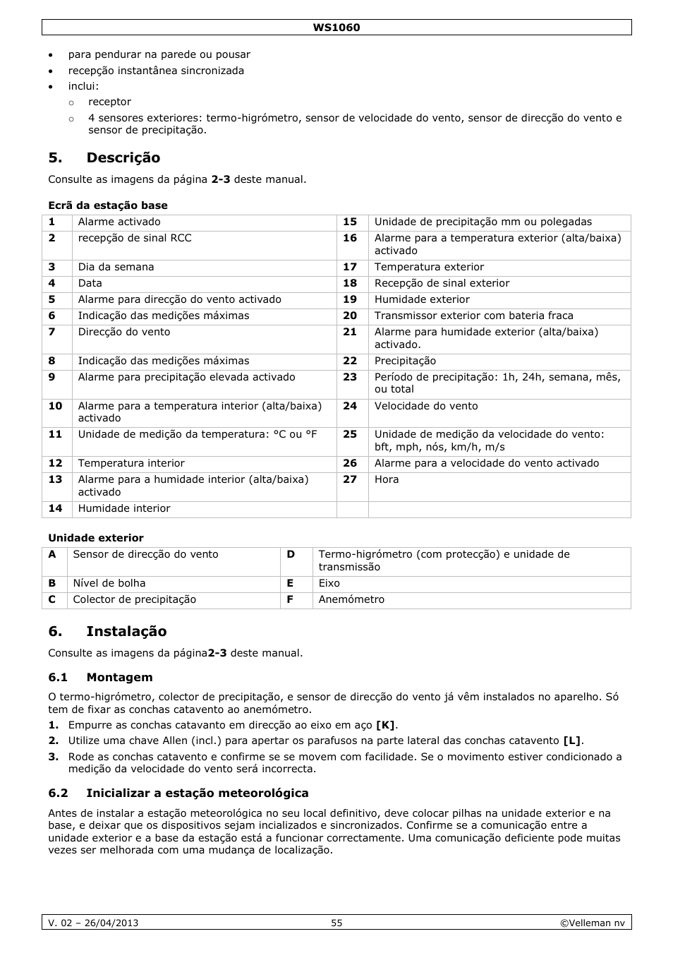 Descrição, Ecrã da estação base, Unidade exterior | Instalação, 1 montagem, 2 inicializar a estação meteorológica | Velleman WS1060 User Manual | Page 55 / 77