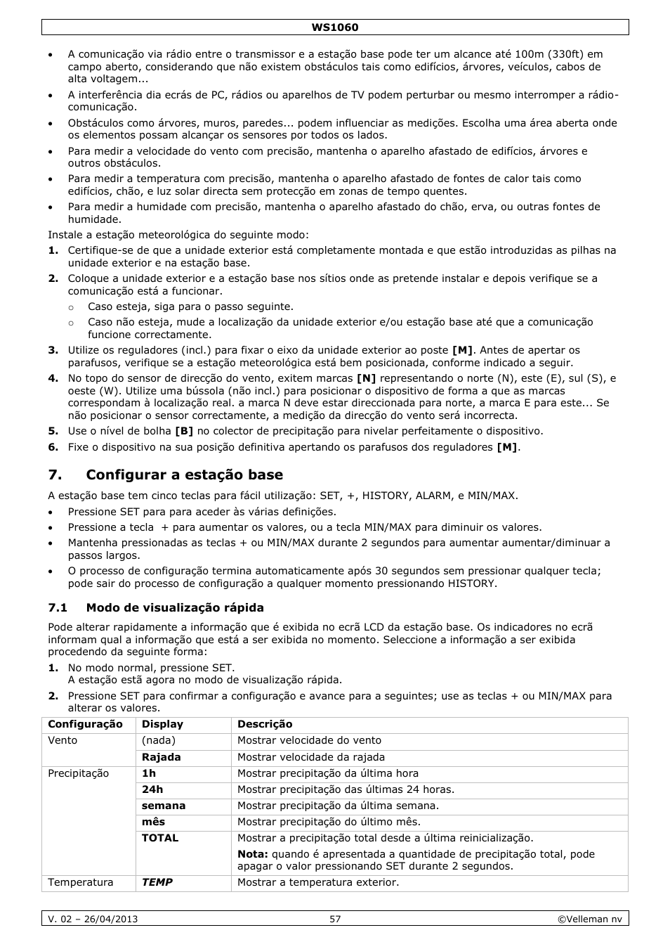Configurar a estação base, 1 modo de visualização rápida | Velleman WS1060 User Manual | Page 57 / 77