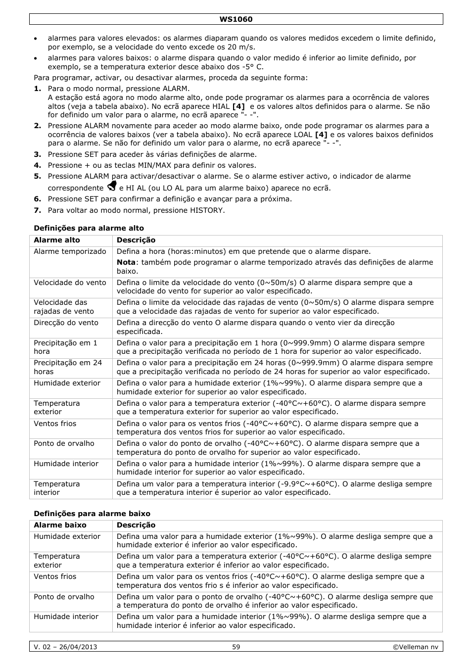 Definições para alarme alto, Definições para alarme baixo | Velleman WS1060 User Manual | Page 59 / 77