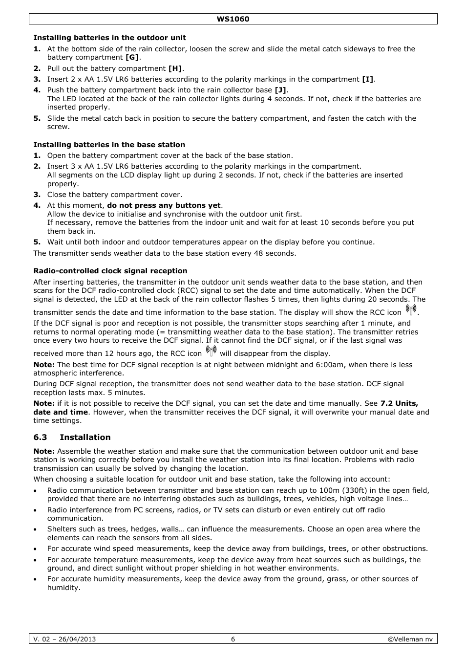 Installing batteries in the outdoor unit, Installing batteries in the base station, Radio-controlled clock signal reception | 3 installation | Velleman WS1060 User Manual | Page 6 / 77