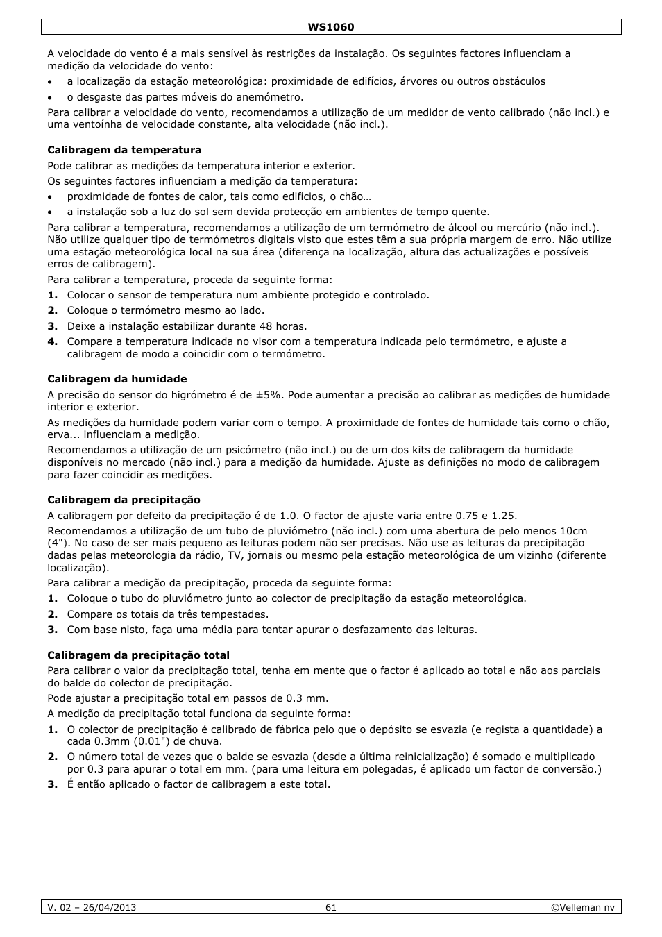 Calibragem da temperatura, Calibragem da humidade, Calibragem da precipitação | Calibragem da precipitação total | Velleman WS1060 User Manual | Page 61 / 77