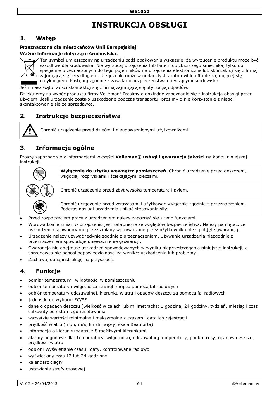 Instrukcja obsługi, Wstęp, Instrukcje bezpieczeństwa | Informacje ogólne, Funkcje | Velleman WS1060 User Manual | Page 64 / 77