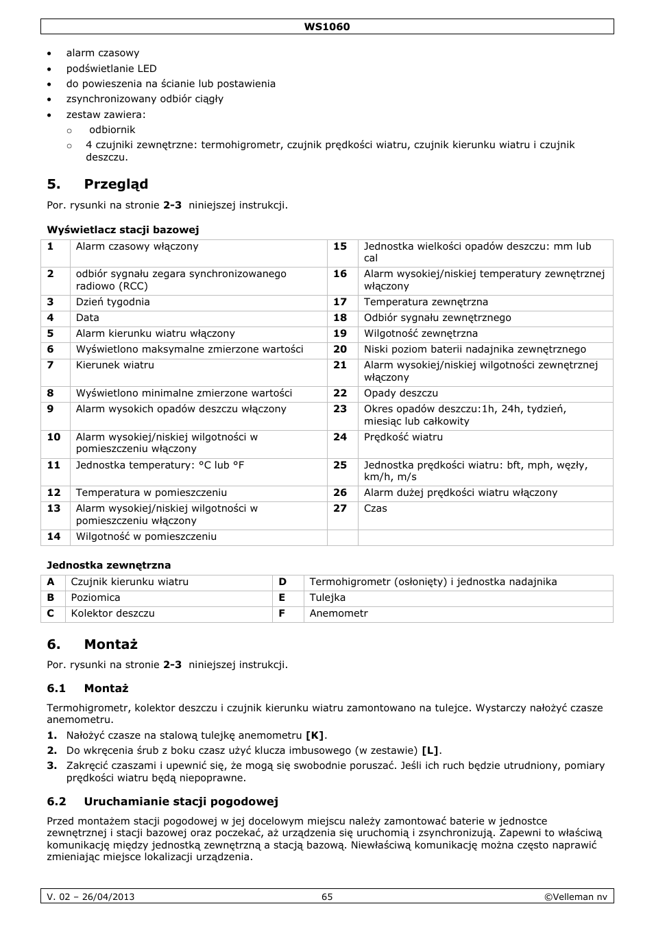 Przegląd, Wyświetlacz stacji bazowej, Jednostka zewnętrzna | Montaż, 1 montaż, 2 uruchamianie stacji pogodowej | Velleman WS1060 User Manual | Page 65 / 77