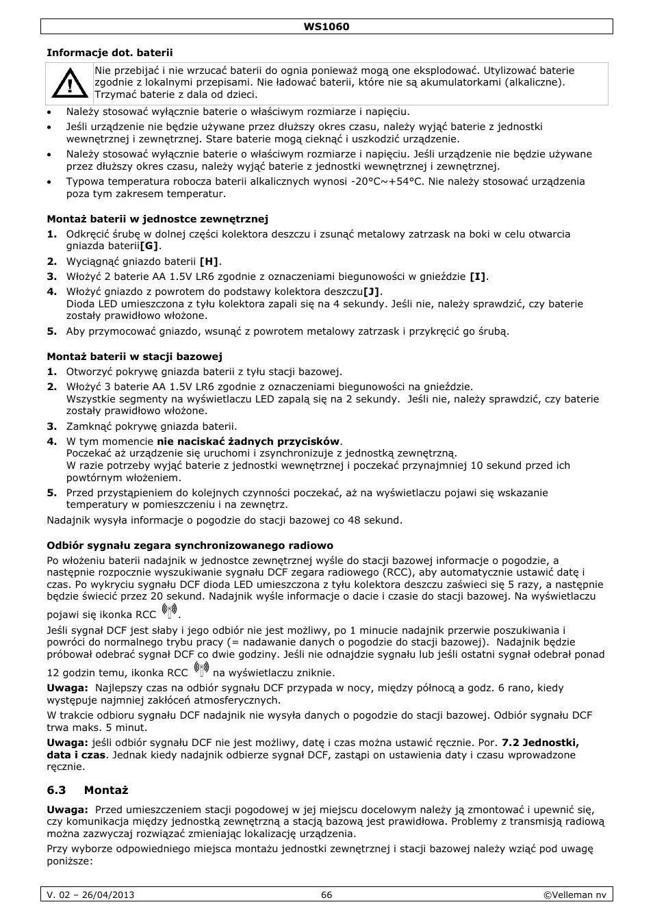 Informacje dot. baterii, Montaż baterii w jednostce zewnętrznej, Montaż baterii w stacji bazowej | Odbiór sygnału zegara synchronizowanego radiowo, 3 montaż | Velleman WS1060 User Manual | Page 66 / 77