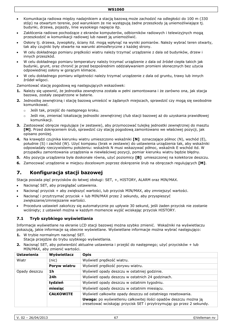 Konfiguracja stacji bazowej, 1 tryb szybkiego wyświetlania | Velleman WS1060 User Manual | Page 67 / 77