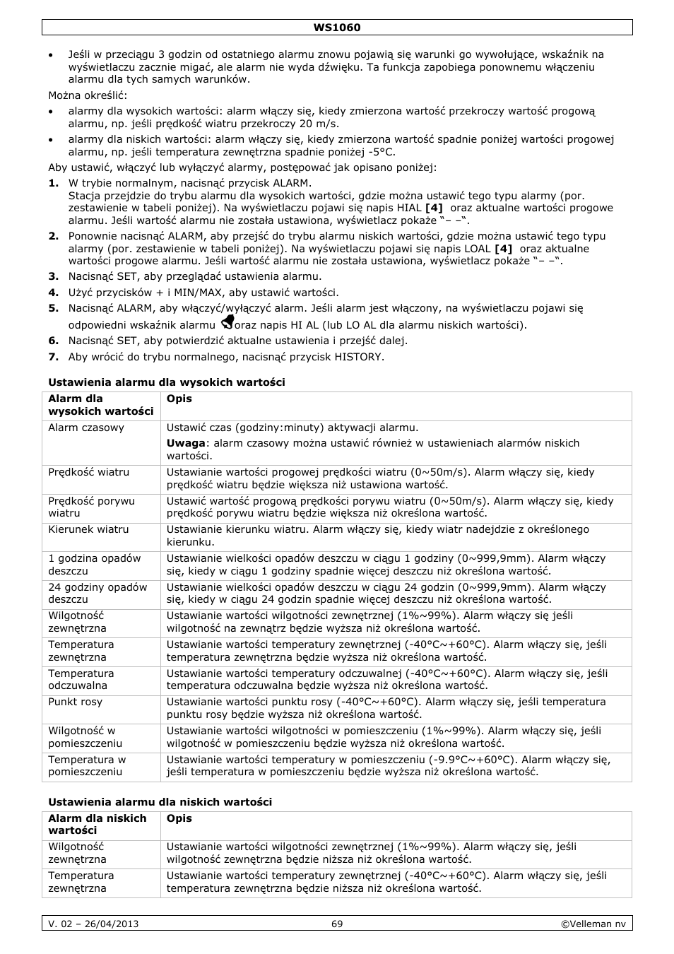Ustawienia alarmu dla wysokich wartości, Ustawienia alarmu dla niskich wartości | Velleman WS1060 User Manual | Page 69 / 77