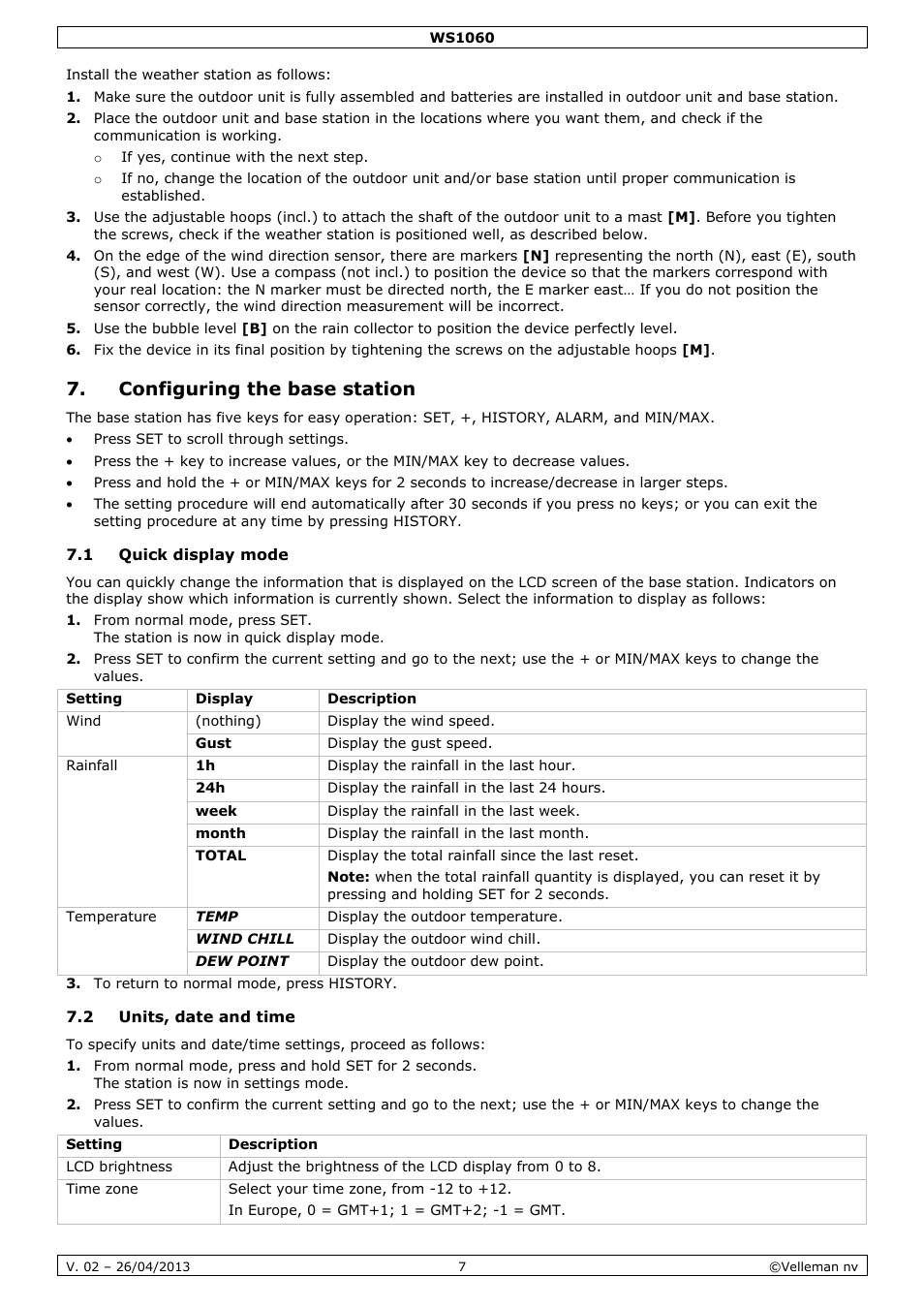 Configuring the base station, 1 quick display mode, 2 units, date and time | Velleman WS1060 User Manual | Page 7 / 77